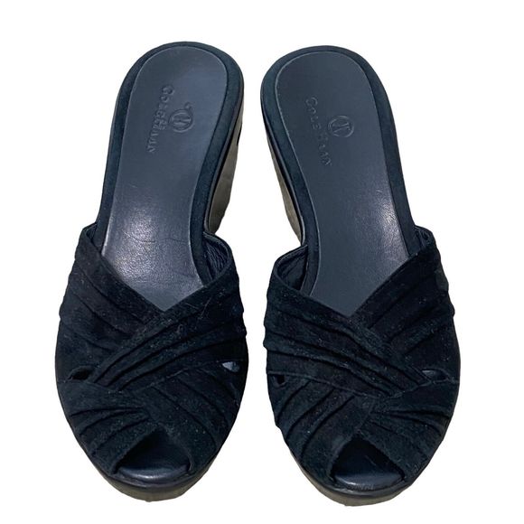 Women’s Cole Haan Nike Air Sandals Size 6 Wedge Heel Open Toe Shoes Black Suede - Picture 6 of 9